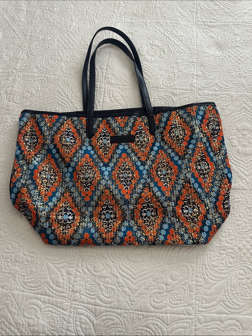 Vera Bradley Quilted Diamond-Print Tote in Blue & Orange